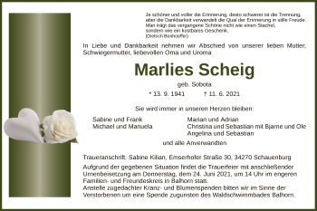 Traueranzeige von Marlies Scheig von HNA