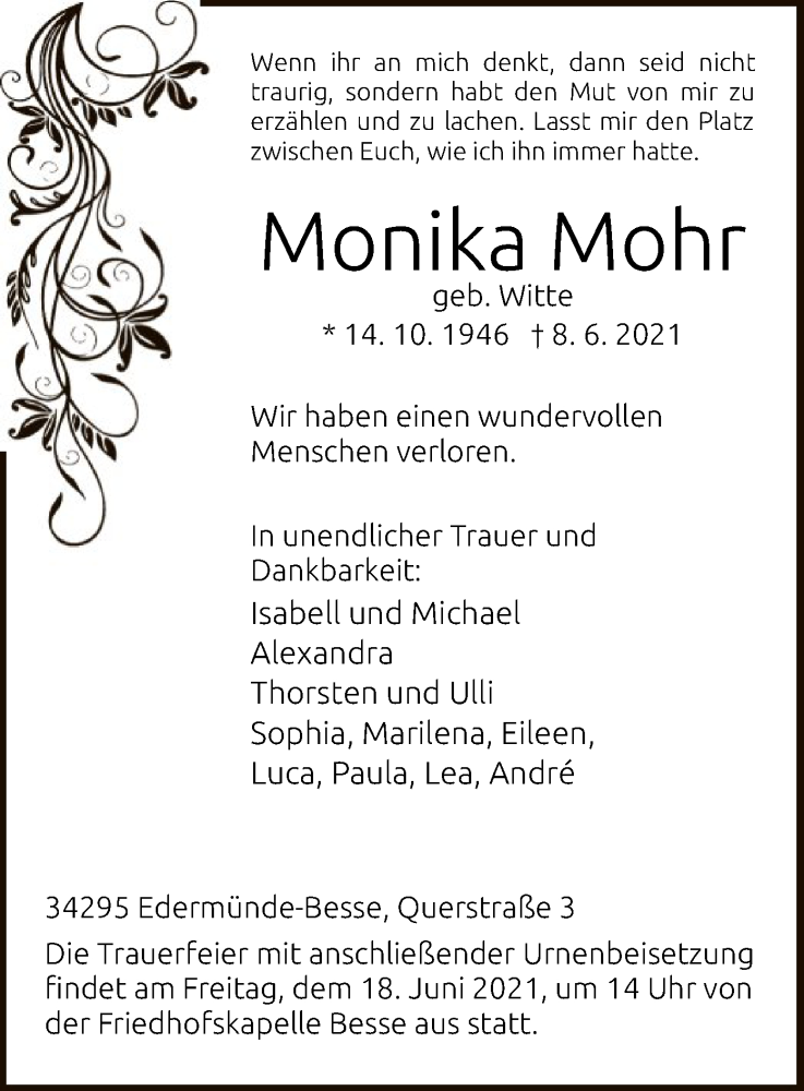  Traueranzeige für Monika Mohr vom 12.06.2021 aus HNA