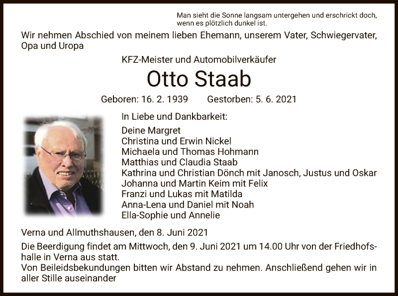  Traueranzeige für Otto Staab vom 08.06.2021 aus HNA