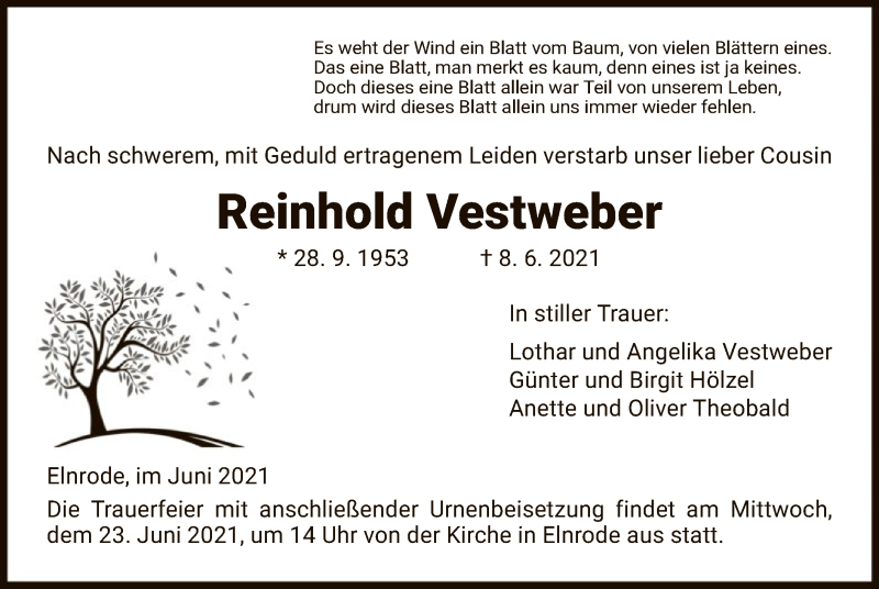  Traueranzeige für Reinhold Vestweber vom 16.06.2021 aus HNA
