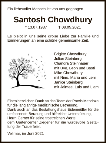 Traueranzeige von Santosh Chowdhury von HNA