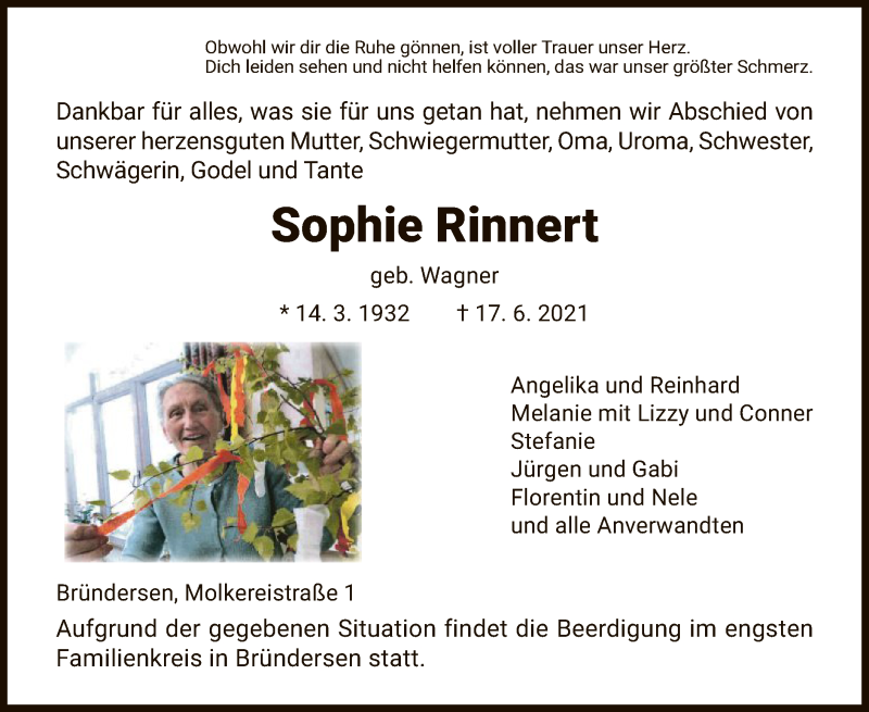  Traueranzeige für Sophie Rinnert vom 19.06.2021 aus HNA
