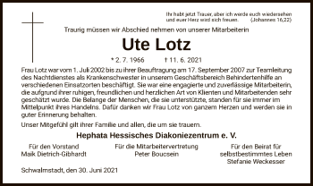 Traueranzeige von Ute Lotz von HNA