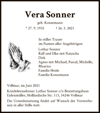 Traueranzeige von Vera Sommer von HNA