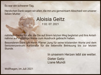 Traueranzeige von Aloisia Geitz von HNA