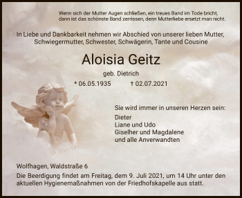 Traueranzeige von Aloisia Geitz von HNA