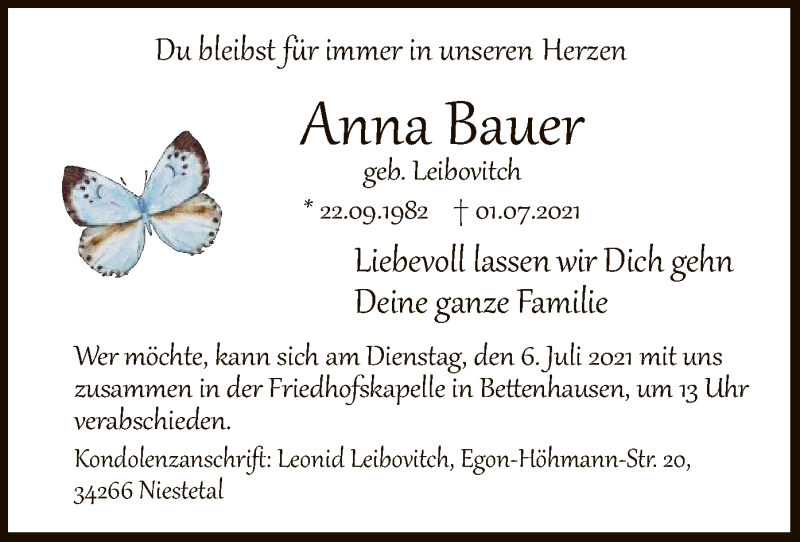  Traueranzeige für Anna Bauer vom 03.07.2021 aus HNA
