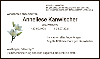 Traueranzeige von Anneliese Kanwischer von HNA
