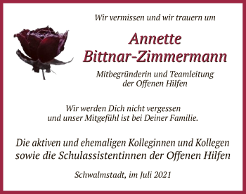 Traueranzeige von Annette Bittnar-Zimmermann von HNA