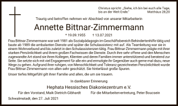 Traueranzeige von Annette Bittnar-Zimmermann von HNA