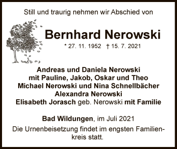 Traueranzeige von Bernhard Nerowski von WLZ