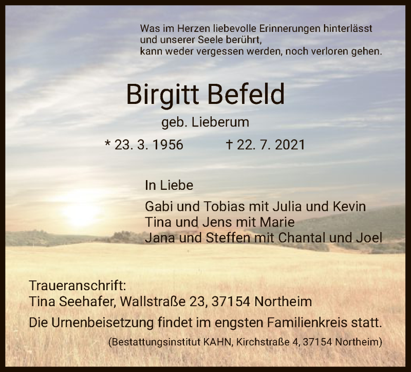  Traueranzeige für Birgitt Befeld vom 24.07.2021 aus HNA