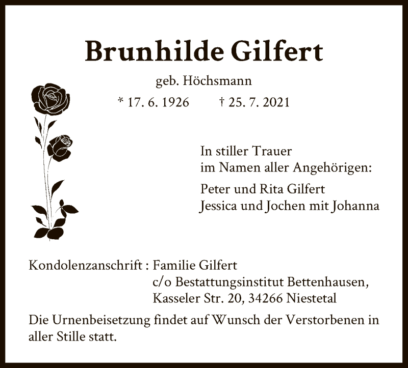  Traueranzeige für Brunhilde Gilfert vom 31.07.2021 aus HNA