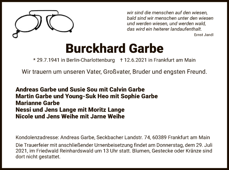  Traueranzeige für Burckhard Garbe vom 24.07.2021 aus HNA