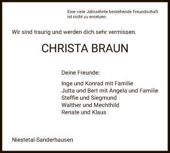 Traueranzeige von Christa Braun von HNA