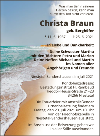 Traueranzeige von Christa Braun von HNA