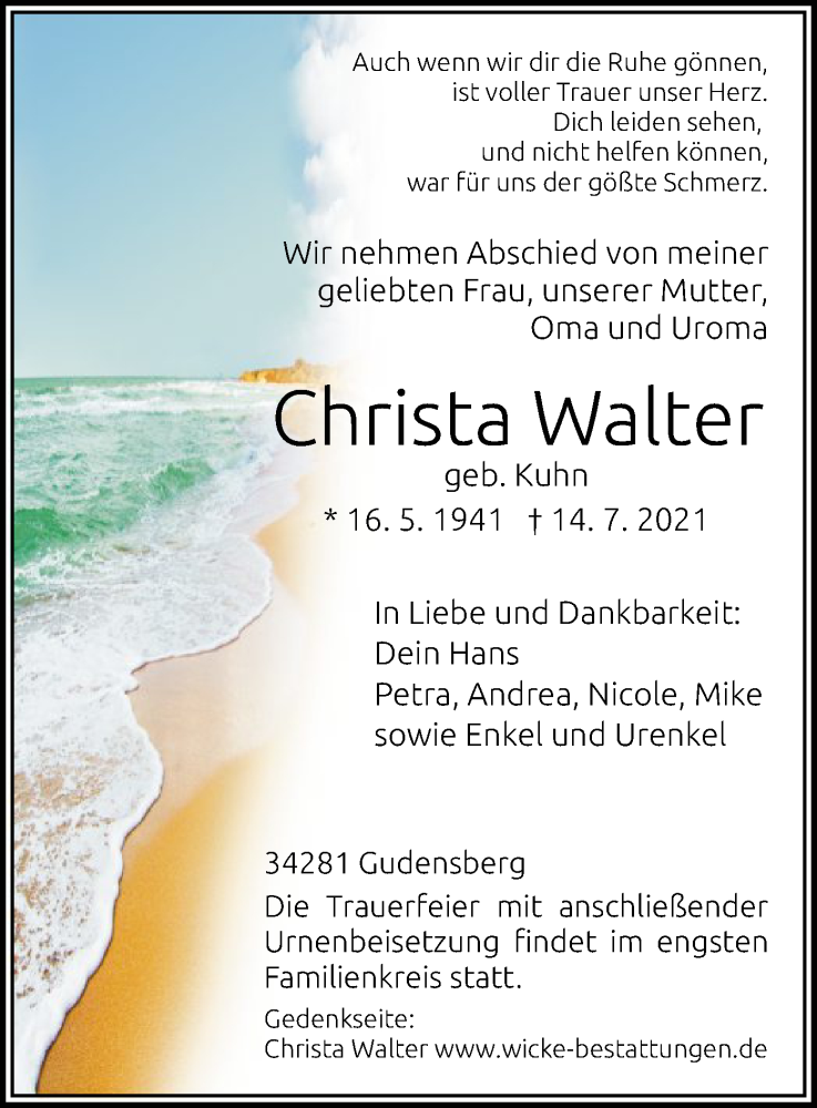  Traueranzeige für Christa Walter vom 17.07.2021 aus HNA