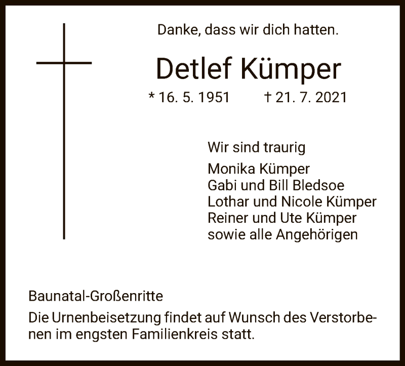  Traueranzeige für Detlef Kümper vom 31.07.2021 aus HNA