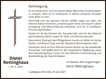 Traueranzeige von Dieter Rettinghaus von HNA