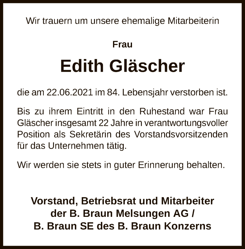  Traueranzeige für Edith Gläscher vom 07.07.2021 aus HNA