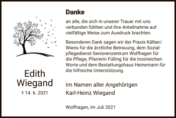 Traueranzeige von Edith Wiegand von HNA
