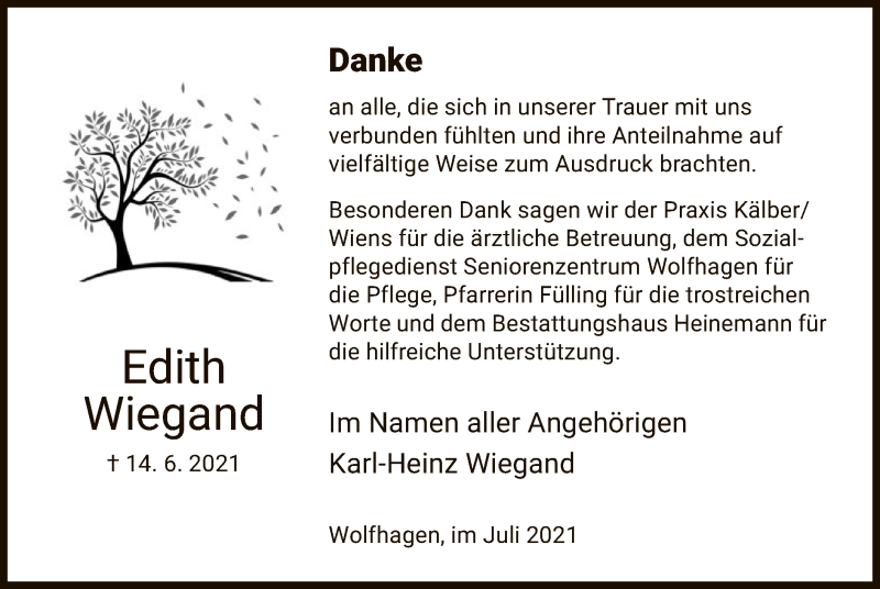  Traueranzeige für Edith Wiegand vom 03.07.2021 aus HNA