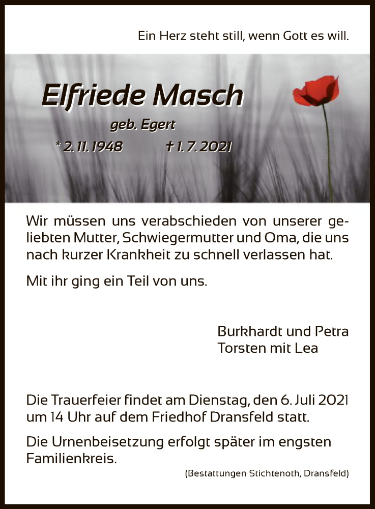  Traueranzeige für Elfriede Masch vom 03.07.2021 aus HNA