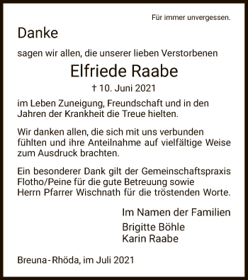 Traueranzeige von Elfriede Raabe von HNA