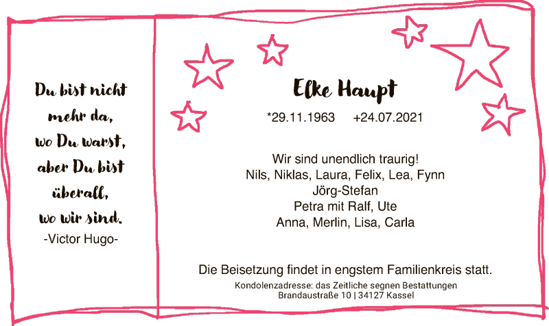  Traueranzeige für Elke Haupt vom 31.07.2021 aus HNA