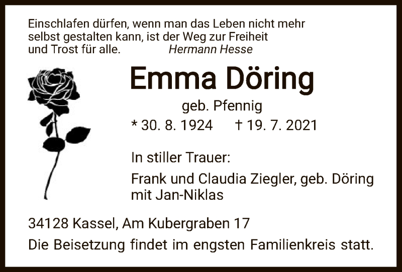  Traueranzeige für Emma Döring vom 24.07.2021 aus HNA