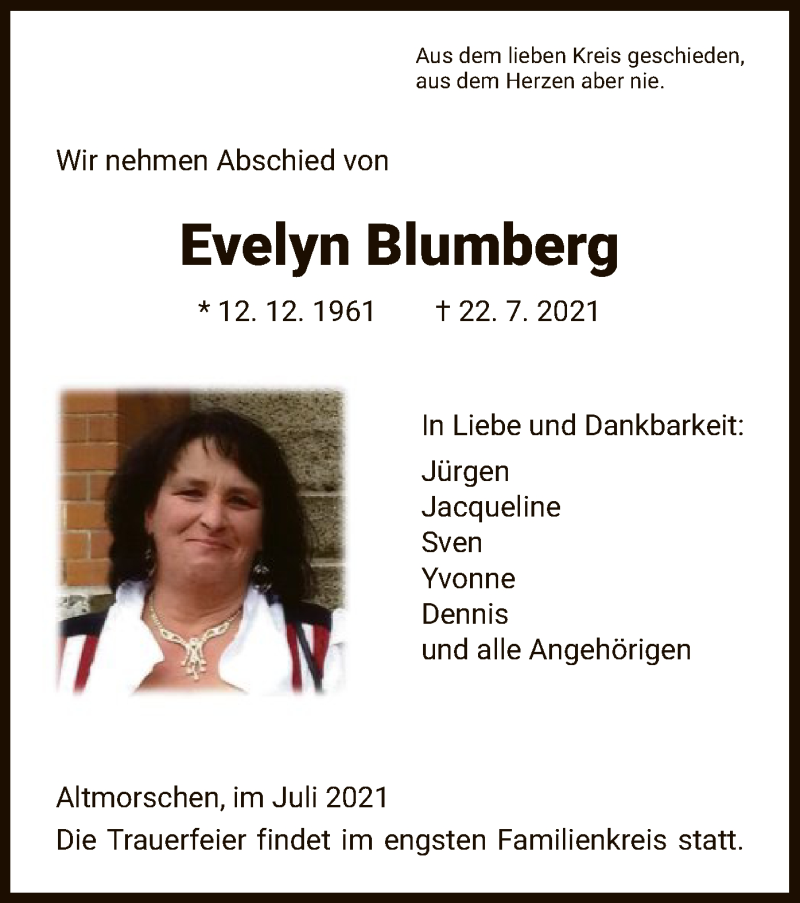  Traueranzeige für Evelyn Blumberg vom 24.07.2021 aus HNA
