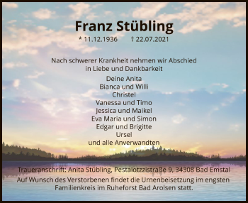 Traueranzeige von Franz Stübling von HNA