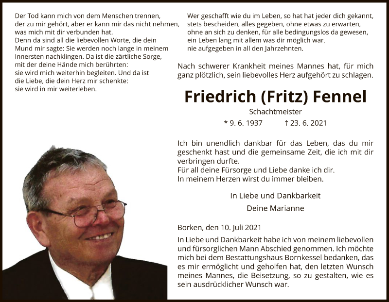  Traueranzeige für Friedrich  Fennel vom 10.07.2021 aus HNA