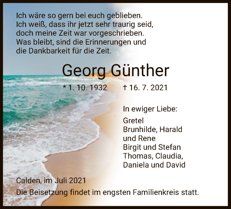  Traueranzeige für Georg Günther vom 24.07.2021 aus HNA