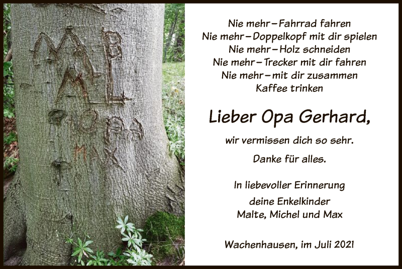  Traueranzeige für Gerhard  vom 31.07.2021 aus HNA