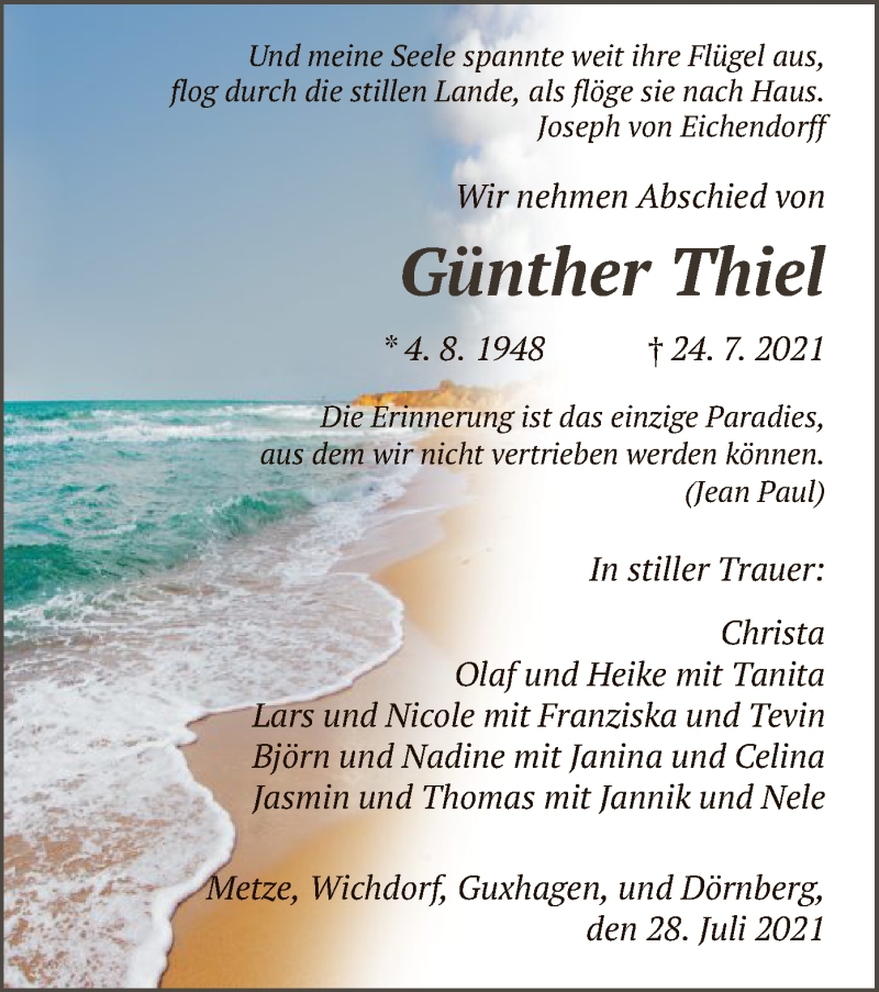  Traueranzeige für Günther Thiel vom 28.07.2021 aus HNA