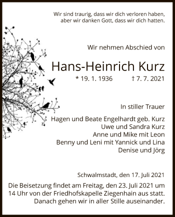 Traueranzeige von Hans-Heinrich Kurz von HNA