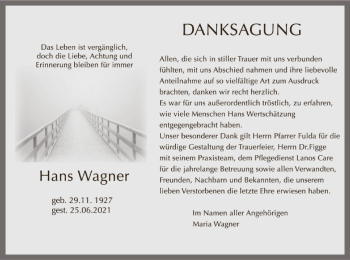 Traueranzeige von Hans Wagner von HNA