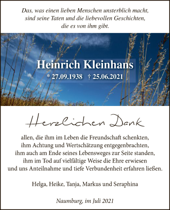 Traueranzeige von Heinrich Kleinhans von HNA