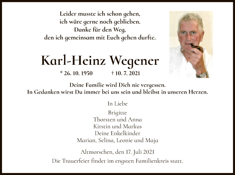  Traueranzeige für Karl-Heinz Wegener vom 17.07.2021 aus HNA