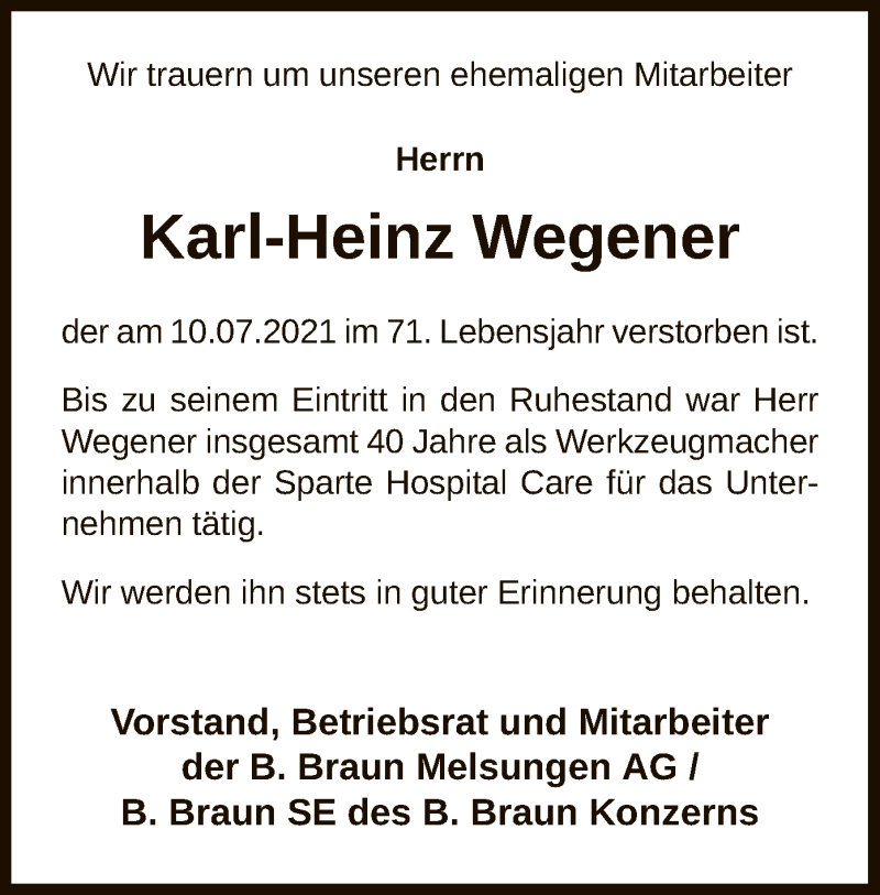 Traueranzeige für Karl-Heinz Wegener vom 23.07.2021 aus HNA