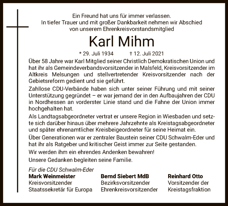  Traueranzeige für Karl Mihm vom 23.07.2021 aus HNA