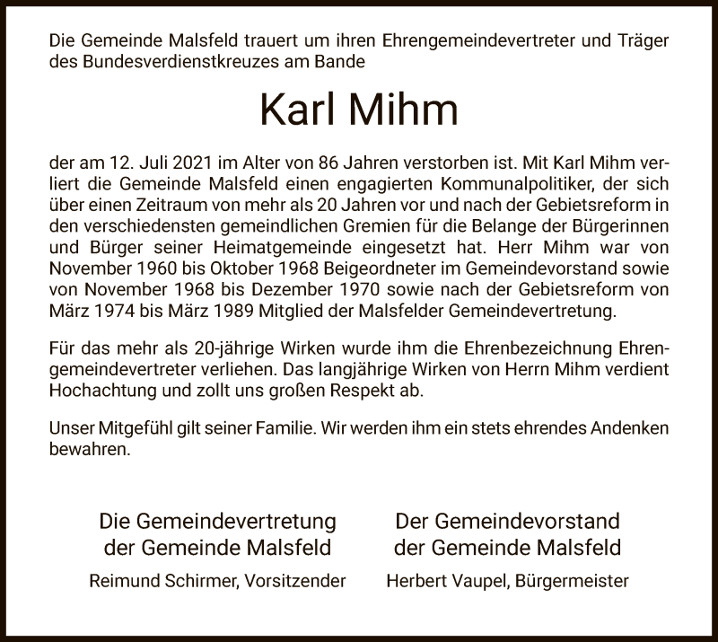  Traueranzeige für Karl Mihm vom 22.07.2021 aus HNA