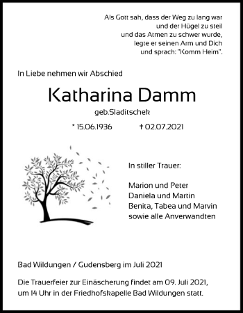 Traueranzeige von Katharina Damm von HNA