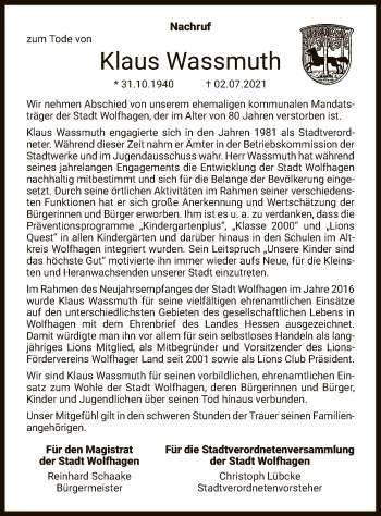 Traueranzeige von Klaus Wassmuth von HNA