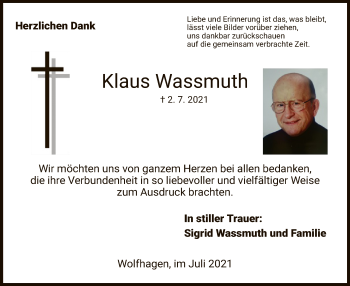 Traueranzeige von Klaus Wassmuth von HNA