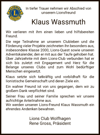 Traueranzeige von Klaus Wassmuth von HNA