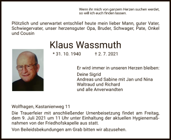 Traueranzeige von Klaus Wassmuth von HNA