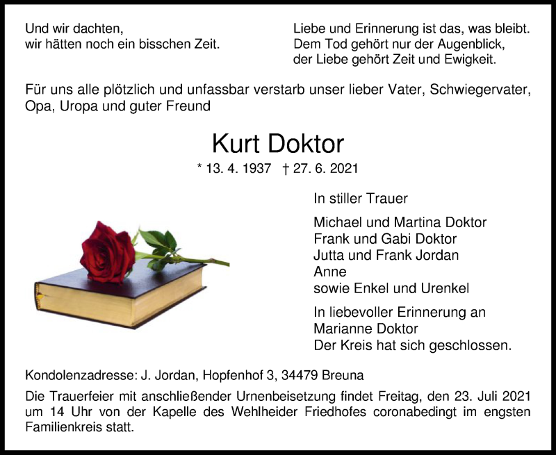  Traueranzeige für Kurt Doktor vom 20.07.2021 aus HNA