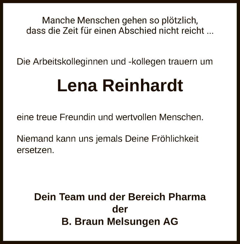  Traueranzeige für Lena Reinhardt vom 09.07.2021 aus HNA